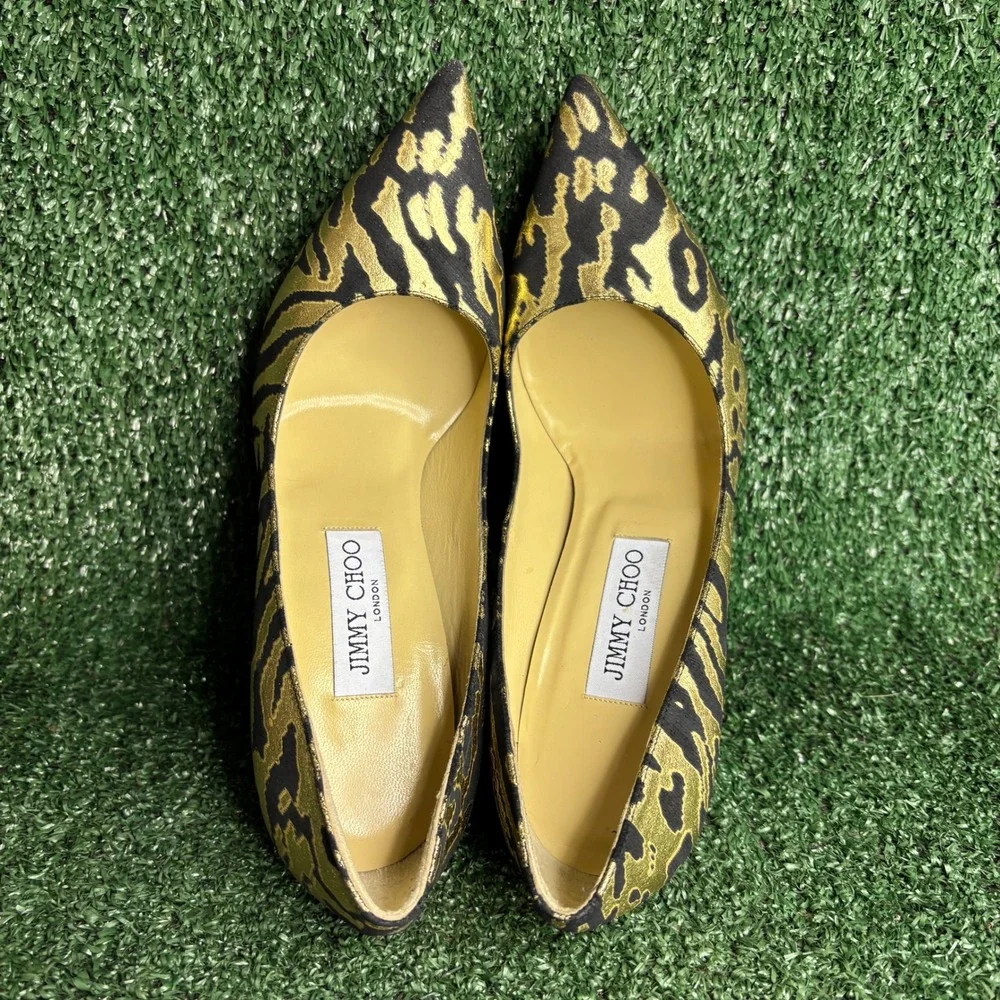 NEW Jimmy Choo‎ Anouk Animal Print Metallic Stiletto Heel Pumps Gold Womens Sz 8
